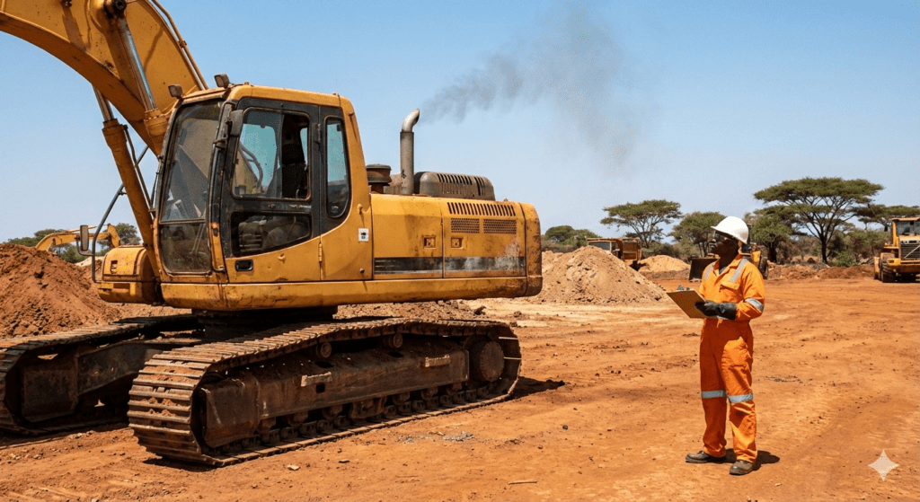 technician observing engine smoke on an excavator