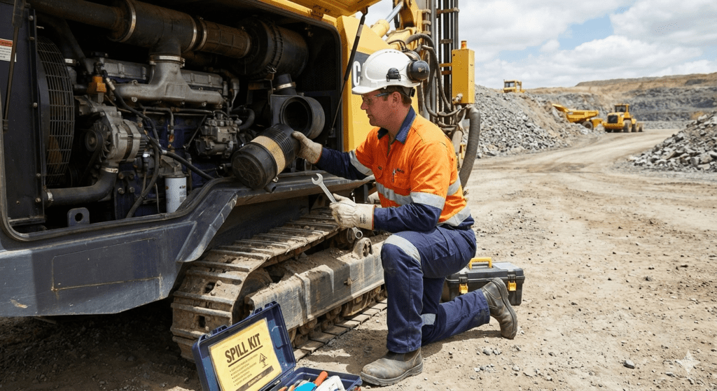 technician working on a surface drill rig with full PPE
