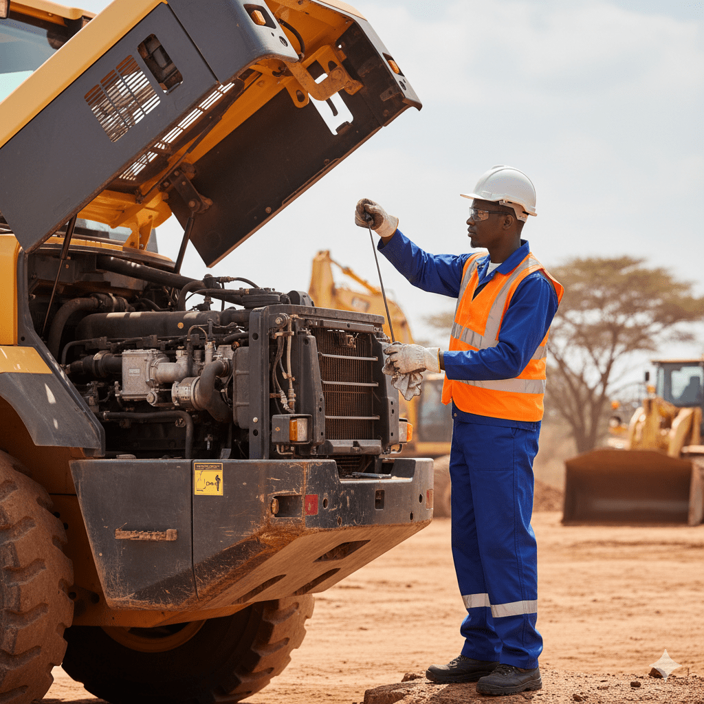 Technician checking diesel engine lubrication system
