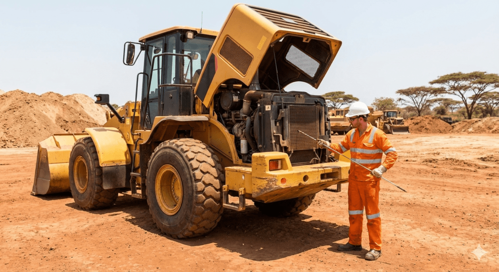technician checking engine oil on a loader