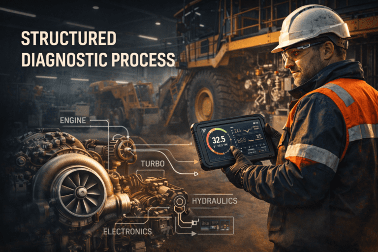 Heavy equipment diagnostic process using structured troubleshooting framework