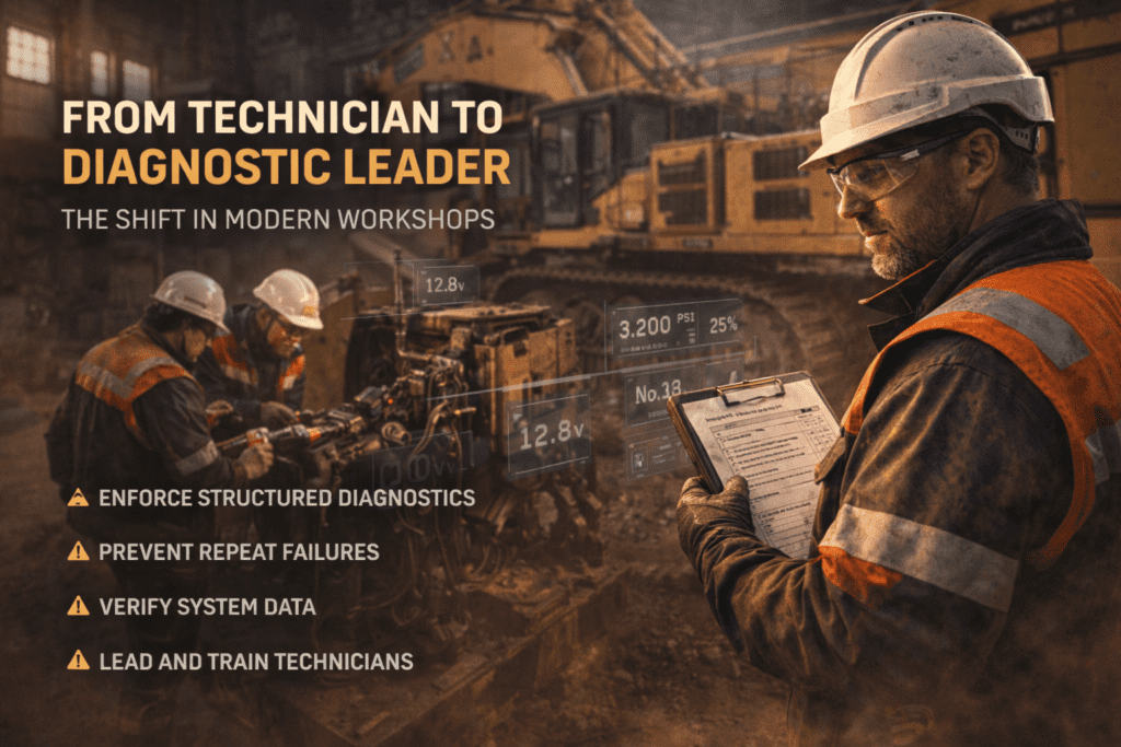 Diagnostic leader in heavy equipment workshop supervising structured diagnostics in mining environment