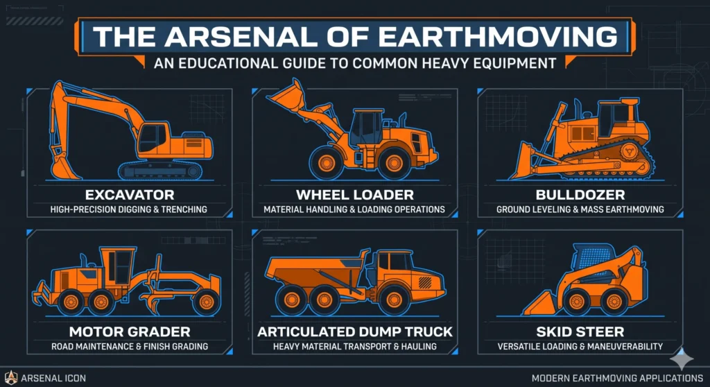 An educational infographic for a heavy equipment introduction, showing standard earthmoving machinery like excavators, bulldozers, and wheel loaders.