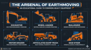 An educational infographic for a heavy equipment introduction, showing standard earthmoving machinery like excavators, bulldozers, and wheel loaders.