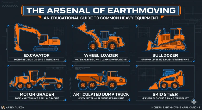 An educational infographic for a heavy equipment introduction, showing standard earthmoving machinery like excavators, bulldozers, and wheel loaders.