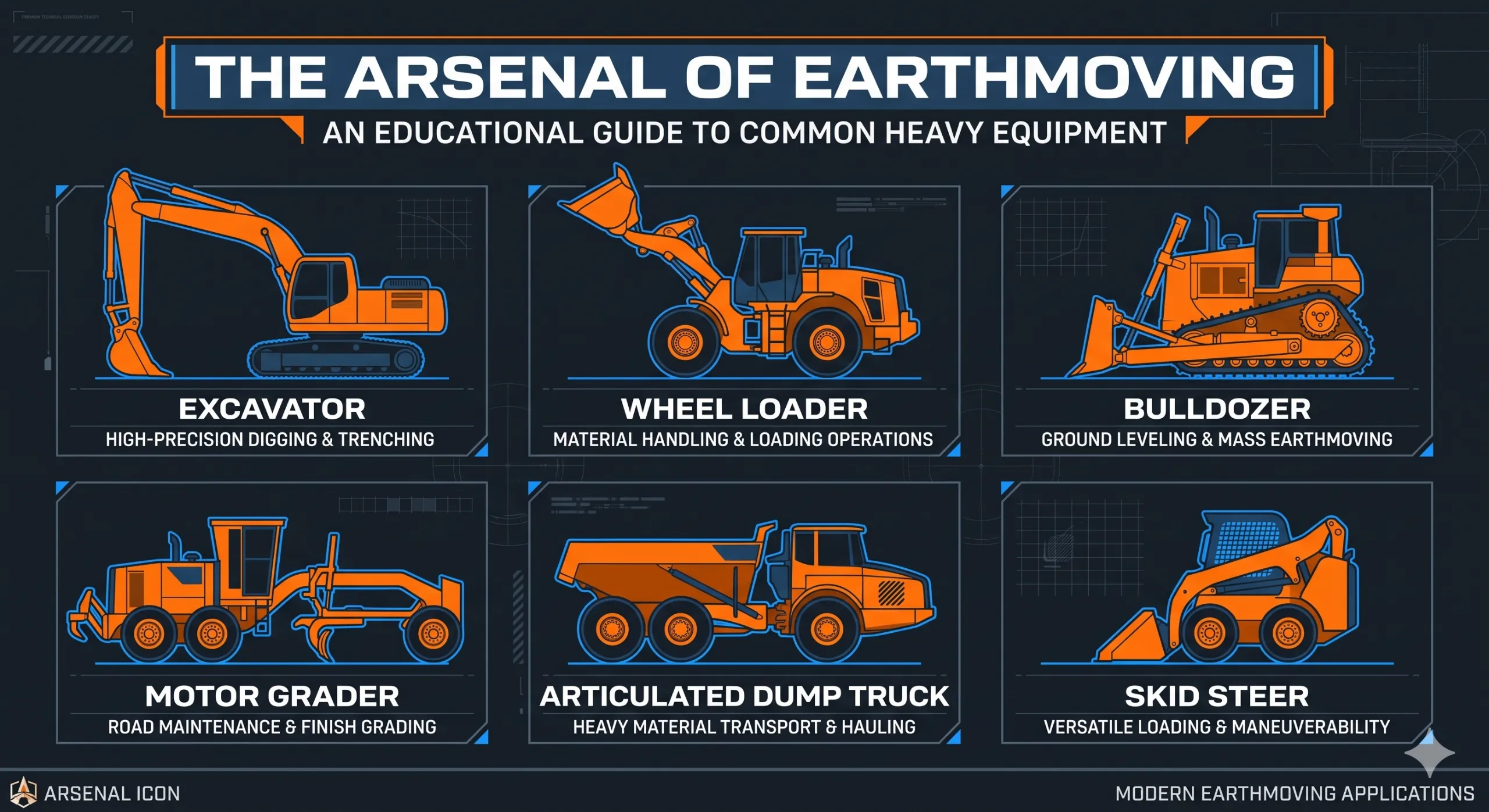An educational infographic for a heavy equipment introduction, showing standard earthmoving machinery like excavators, bulldozers, and wheel loaders.