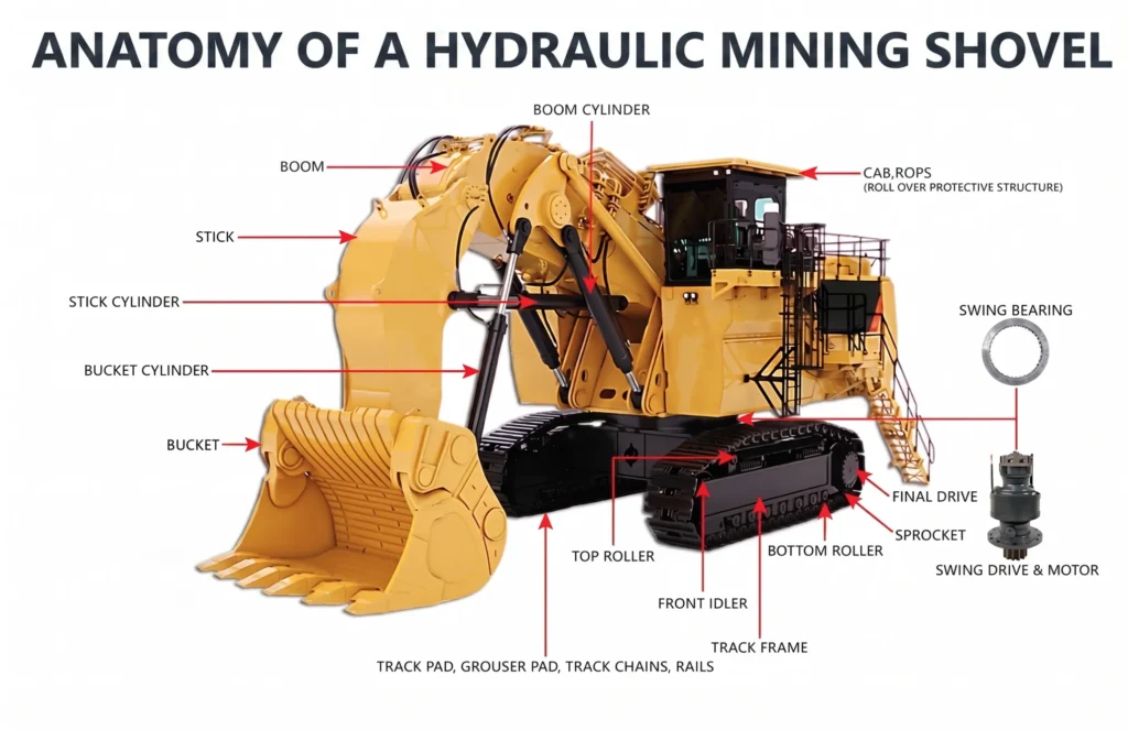 A comprehensive diagram of a large hydraulic mining shovel with a detailed component identification breakdown. Red pointers identify core machine parts: Boom, Stick, Bucket, various Cylinders, Cab with ROPS, and the complete track undercarriage system (front idler, track pads, rollers, frame, drive). Includes call-out illustrations for the Swing Bearing and Swing Drive & Motor.