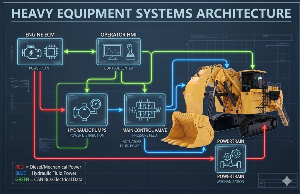 A technical blueprint-style industrial infographic and engineering diagram titled "HEAVY EQUIPMENT SYSTEMS ARCHITECTURE," detailing the systems architecture of a large hydraulic mining shovel. The diagram uses distinct color-coded lines to trace three key power and data flows: bright red lines for Diesel/Mechanical Power originating from the Engine ECM; electric blue lines for Hydraulic Fluid Power flowing from the Hydraulic Pumps through the Main Control Valve to the shovel's boom and stick cylinders; and neon green lines for CAN Bus/Electrical Data connecting the Operator HMI and control units. The diagram includes nodes labeled for Engine ECM, Operator HMI, Hydraulic Pumps, Main Control Valve, and Powertrain, which then trace to the specific machine components on the detailed mining shovel illustration, such as the Boom, Stick, Bucket, Cab, and Track Frame.