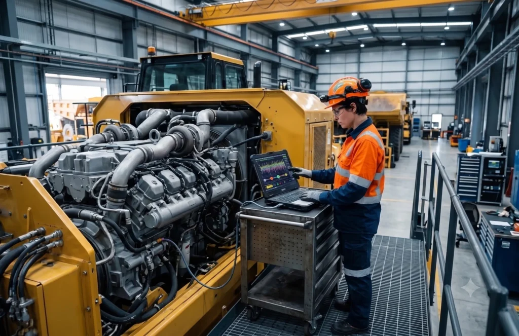 A candid, ultra-realistic cinematic photograph capturing a professional female heavy equipment diagnostic technician inside a vast, modern mining workshop. The technician, Sarah, with short dark hair and wearing clean high-visibility orange and navy blue reflective PPE (including jacket, hard hat with lights, safety glasses, and gloves), stands on a raised metal walkway. She is intensely focused on analyzing a ruggedized diagnostic laptop resting on a steel tool cart with wheels. The glowing laptop screen displays a complex real-time digital CAN bus waveform graph, distinctly labeled "CAN BUS DIAGNOSTICS: J1939 - WAVEFORM ANALYSIS," showing dynamic multicolored data lines and packets. Sarah actively interacts with the screen while plugged into the massive, exposed grey metal diesel engine (resembling V16 architecture) of a yellow autonomous haul truck towering next to her. The vast workshop background is detailed with polished concrete floors, advanced diagnostic equipment, gantry cranes, and other blurred massive machinery under dramatic daylight and cool LED lighting, shot on a Sony A9III with a 35mm f/1.4 lens (ISO 640, 1/320s, f/5.6).