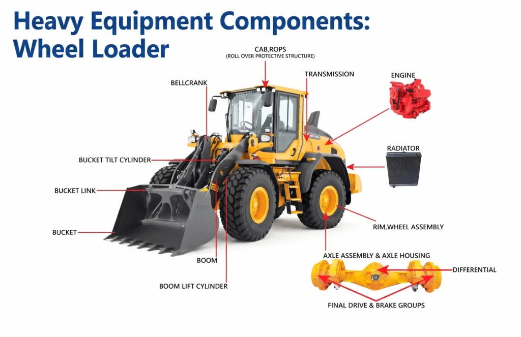 A technical parts diagram titled "Heavy Equipment Components: Wheel Loader." The image features a yellow wheel loader with red arrows identifying major structural and mechanical parts, including the Cab (ROPS), Transmission, Engine, Radiator, Boom, Bellcrank, Bucket, and various hydraulic cylinders. It also includes an exploded view of the front axle assembly, highlighting the differential, final drive, and brake groups.