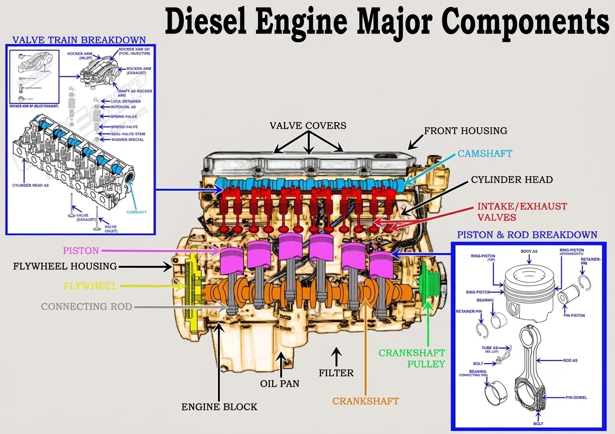 A technical cutaway diagram titled "Diesel Engine Major Components." The main illustration displays an inline 6-cylinder diesel engine with color-coded internal parts, including pink pistons, an orange crankshaft, a blue camshaft, and red intake/exhaust valves. Callout arrows identify the engine block, oil pan, flywheel, connecting rods, and cylinder head. Two inset boxes provide detailed exploded views of the valve train assembly and the piston and rod breakdown.