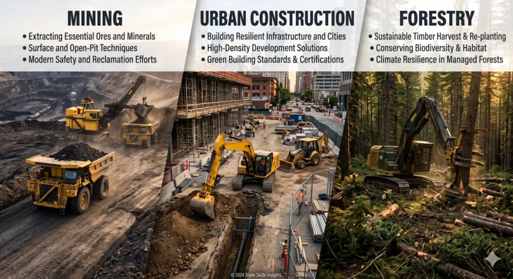 An educational triptych infographic illustrating three heavy machinery sectors: Mining (Extracting Essential Ores, Modern Safety), Urban Construction (Building Resilient Infrastructure, Green Standards), and Forestry (Sustainable Timber Harvest, Conserving Biodiversity). The left panel features a large mining dump truck, the center panel a city building site with a multi-story structure, and the right panel a tracked feller-buncher harvesting trees, each with detailed bulleted text descriptions