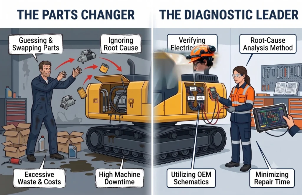 A split-screen infographic illustration comparing two distinct diesel technician mindsets. The left panel, titled "THE PARTS CHANGER," depicts a dimly lit workshop bay with a generic yellow excavator. A greasy mechanic looks stressed, indiscriminately throwing expensive-looking filters, a starter, and hydraulic hoses toward the machine, surrounded by discarded boxes, empty fluid bottles, and dripping hydraulic lines. Callout boxes with messy text read: "Guessing & Swapping Parts," "Ignoring Root Cause," "Excessive Waste & Costs," and "High Machine Downtime." The right panel, titled "THE DIAGNOSTIC LEADER," features a brightly lit, organized workshop bay with orderly tools. A calm, professional female technician wears clean high-visibility PPE and safety glasses, actively probing a sealed wiring harness with a digital multimeter. She holds a ruggedized tablet displaying a detailed color-coded electrical schematic with data points. Callout boxes with navy blue borders highlight the process, reading: "Verifying Electrical Data," "Root-Cause Analysis Method," "Utilizing OEM Schematics," and "Minimizing Repair Time." The vector illustration uses Flat colors and subtle textures, resembling technical publication graphics, with no commercial branding or logos.
