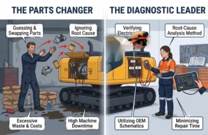A split-screen infographic illustration comparing two distinct diesel technician mindsets. The left panel, titled "THE PARTS CHANGER," depicts a dimly lit workshop bay with a generic yellow excavator. A greasy mechanic looks stressed, indiscriminately throwing expensive-looking filters, a starter, and hydraulic hoses toward the machine, surrounded by discarded boxes, empty fluid bottles, and dripping hydraulic lines. Callout boxes with messy text read: "Guessing & Swapping Parts," "Ignoring Root Cause," "Excessive Waste & Costs," and "High Machine Downtime." The right panel, titled "THE DIAGNOSTIC LEADER," features a brightly lit, organized workshop bay with orderly tools. A calm, professional female technician wears clean high-visibility PPE and safety glasses, actively probing a sealed wiring harness with a digital multimeter. She holds a ruggedized tablet displaying a detailed color-coded electrical schematic with data points. Callout boxes with navy blue borders highlight the process, reading: "Verifying Electrical Data," "Root-Cause Analysis Method," "Utilizing OEM Schematics," and "Minimizing Repair Time." The vector illustration uses Flat colors and subtle textures, resembling technical publication graphics, with no commercial branding or logos.