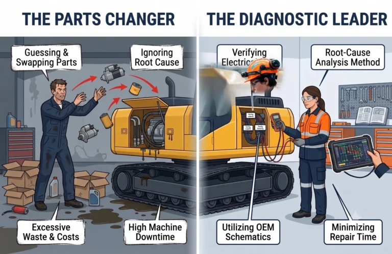 A split-screen infographic illustration comparing two distinct diesel technician mindsets. The left panel, titled "THE PARTS CHANGER," depicts a dimly lit workshop bay with a generic yellow excavator. A greasy mechanic looks stressed, indiscriminately throwing expensive-looking filters, a starter, and hydraulic hoses toward the machine, surrounded by discarded boxes, empty fluid bottles, and dripping hydraulic lines. Callout boxes with messy text read: "Guessing & Swapping Parts," "Ignoring Root Cause," "Excessive Waste & Costs," and "High Machine Downtime." The right panel, titled "THE DIAGNOSTIC LEADER," features a brightly lit, organized workshop bay with orderly tools. A calm, professional female technician wears clean high-visibility PPE and safety glasses, actively probing a sealed wiring harness with a digital multimeter. She holds a ruggedized tablet displaying a detailed color-coded electrical schematic with data points. Callout boxes with navy blue borders highlight the process, reading: "Verifying Electrical Data," "Root-Cause Analysis Method," "Utilizing OEM Schematics," and "Minimizing Repair Time." The vector illustration uses Flat colors and subtle textures, resembling technical publication graphics, with no commercial branding or logos.