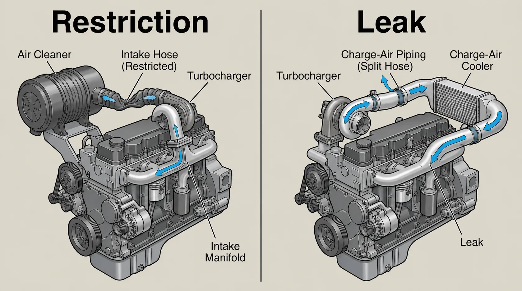 Diesel Engine Air Intake restriction vs leak diagram showing reduced airflow before the turbocharger and compressed air escaping after the turbocharger.