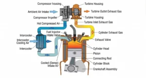 Diesel Engine Air Intake and turbocharging system showing the air cleaner, turbocharger compressor, charge-air cooler, intake manifold, cylinders, exhaust manifold, and turbine.