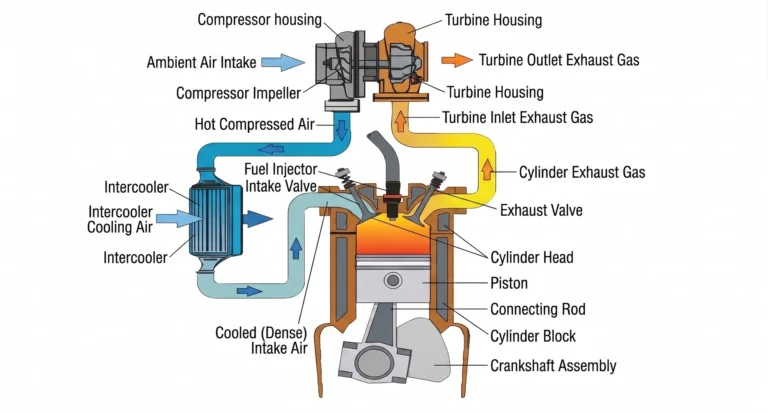 Diesel Engine Air Intake and turbocharging system showing the air cleaner, turbocharger compressor, charge-air cooler, intake manifold, cylinders, exhaust manifold, and turbine.