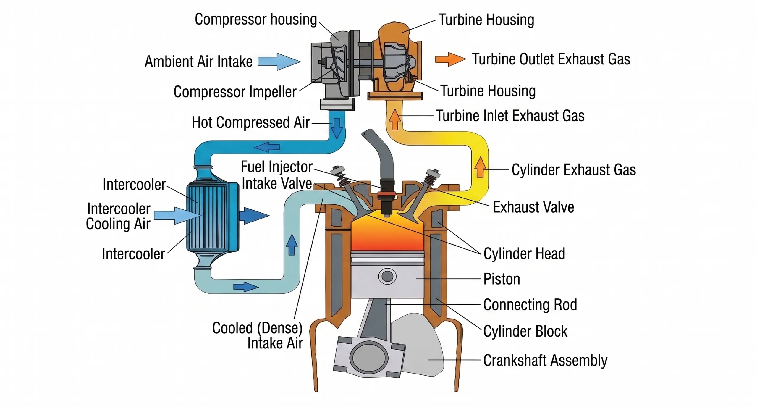 Diesel Engine Air Intake and turbocharging system showing the air cleaner, turbocharger compressor, charge-air cooler, intake manifold, cylinders, exhaust manifold, and turbine.