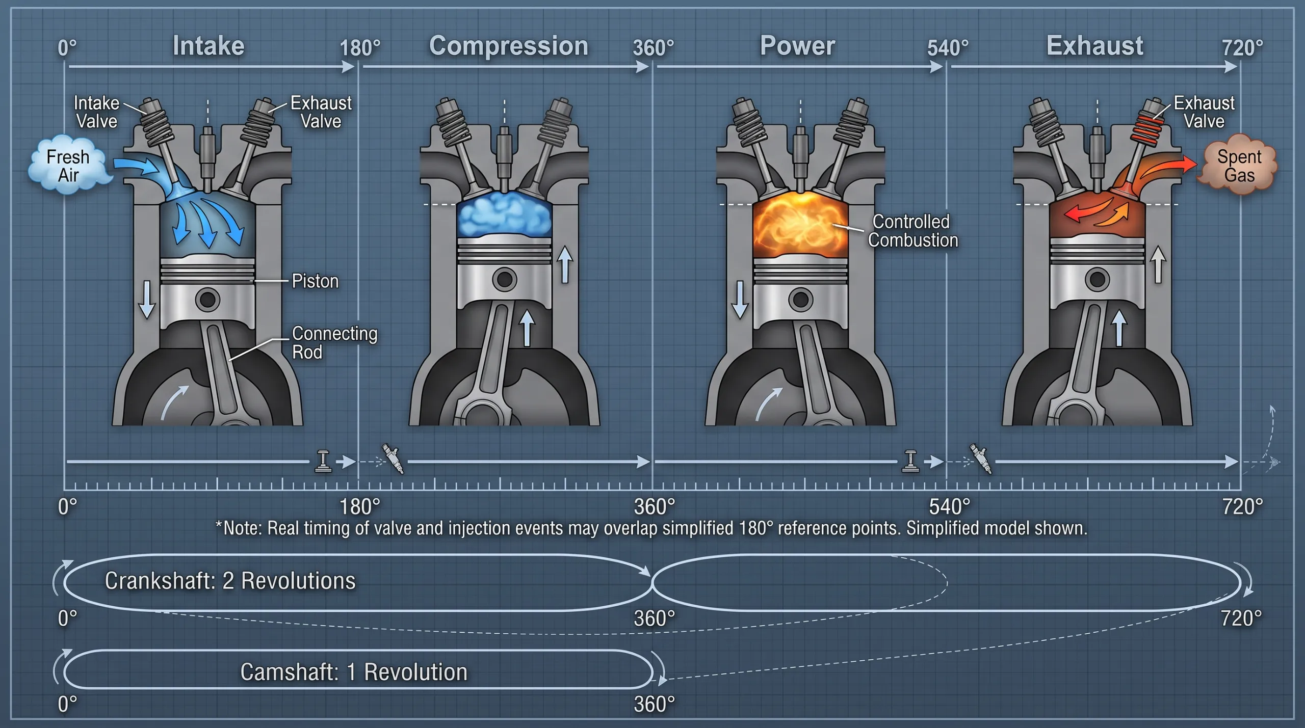 Four-Stroke Diesel Engine Cycle 720-degree timeline showing intake, compression, power, exhaust, crankshaft rotation, and camshaft rotation.