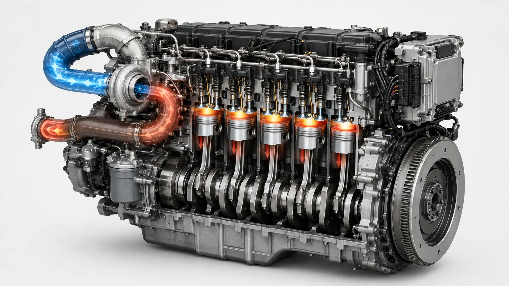 Four-Stroke Diesel Engine Cycle cutaway showing pistons, crankshaft, valves, turbocharger airflow, combustion, and exhaust flow.