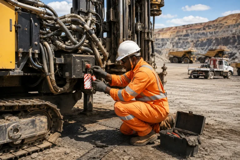 Heavy equipment technician applying Lock Out Tag Out before performing maintenance on a mining drill rig to safely isolate stored energy.