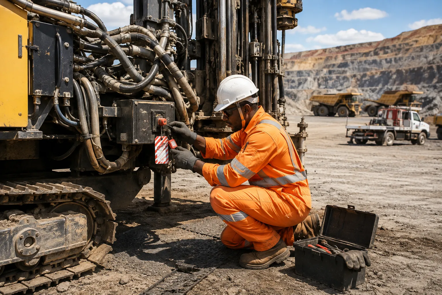 Heavy equipment technician applying Lock Out Tag Out before performing maintenance on a mining drill rig to safely isolate stored energy.