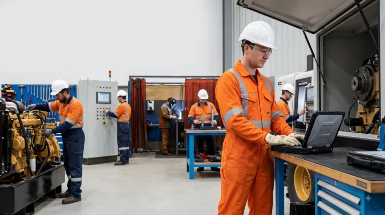 Technical Careers Without a Degree technician working in a modern industrial workshop with heavy equipment and skilled tradespeople.