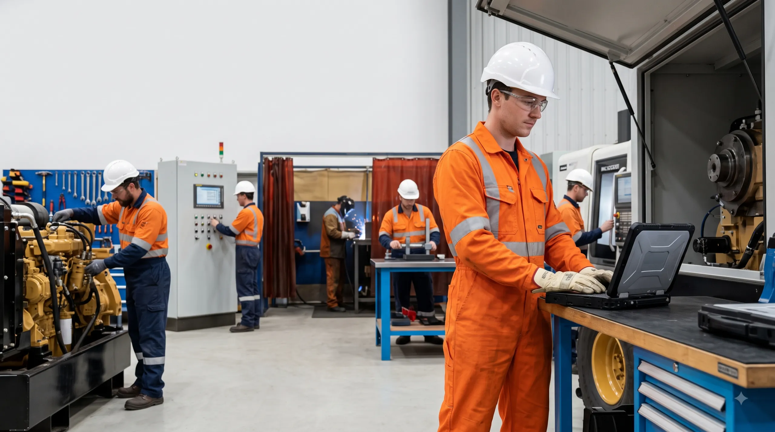 Technical Careers Without a Degree technician working in a modern industrial workshop with heavy equipment and skilled tradespeople.