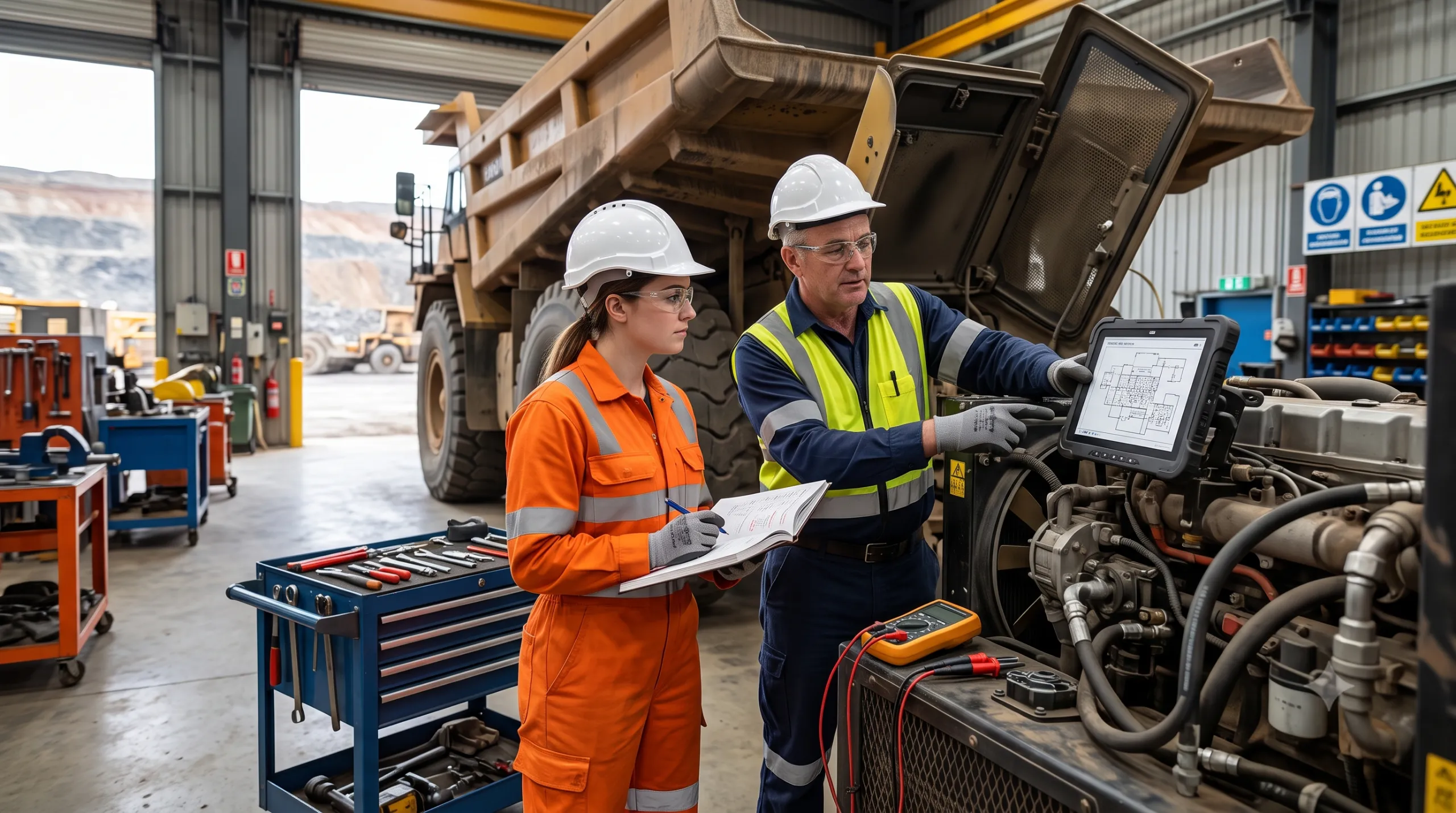 Trade Apprenticeships apprentice learning heavy equipment maintenance under the supervision of a qualified technician.