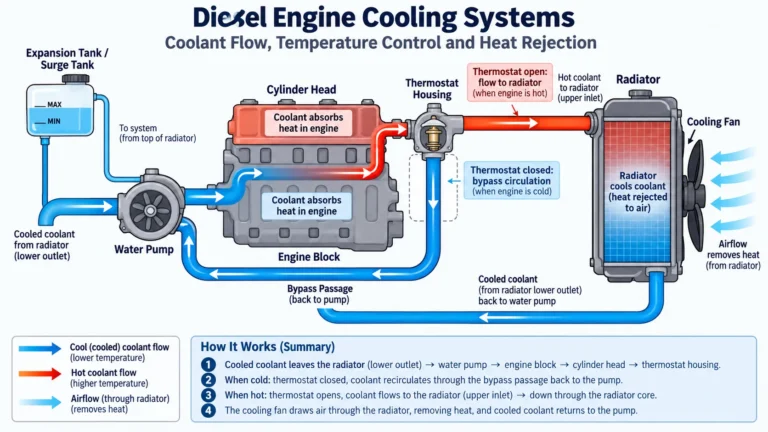 Block diagram of Diesel Engine Cooling Systems showing coolant flow through the radiator, water pump, engine block, cylinder head, thermostat, and fan.