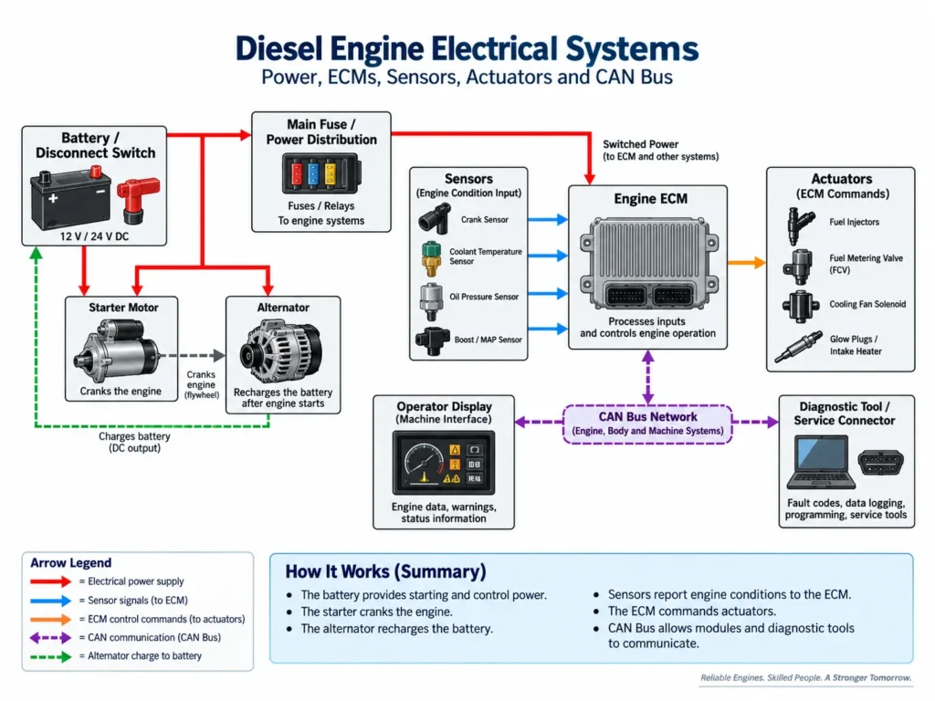 Diesel Engine Electrical Systems diagram showing battery power, starter, alternator, ECM, sensors, actuators, CAN bus network, and diagnostic tool connections.