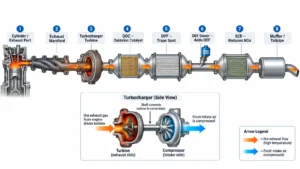 Diesel Engine Exhaust Systems flow diagram showing exhaust gas moving from the cylinder through the manifold, turbocharger, DOC, DPF, DEF doser, SCR, and tailpipe.