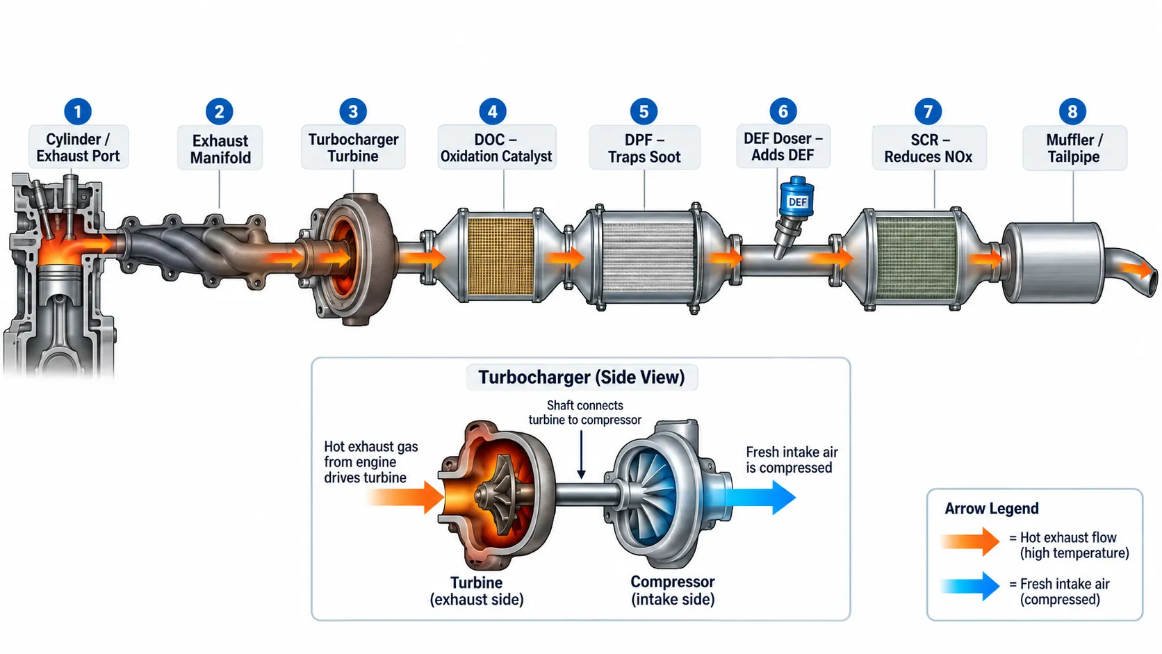 Diesel Engine Exhaust Systems flow diagram showing exhaust gas moving from the cylinder through the manifold, turbocharger, DOC, DPF, DEF doser, SCR, and tailpipe.