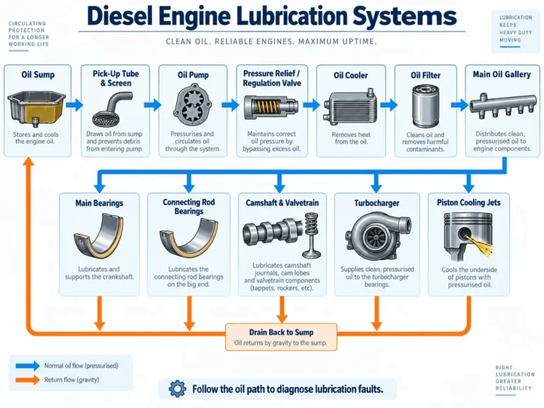 A block diagram showing Diesel Engine Lubrication Systems, including the oil sump, pickup tube, oil pump, oil cooler, oil filter, main oil gallery, bearings, turbocharger, piston cooling jets, and drain-back flow.