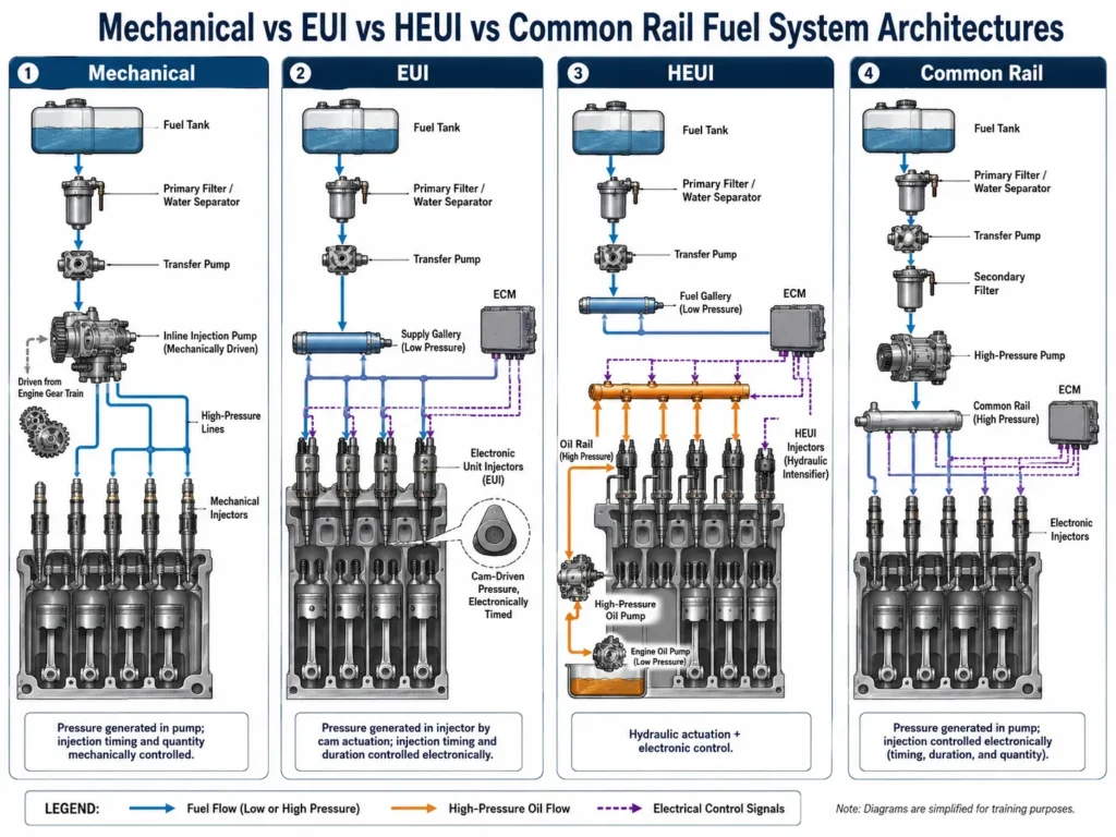 Diesel Fuel Systems comparison showing mechanical injection, EUI, HEUI, and common rail fuel system architectures.