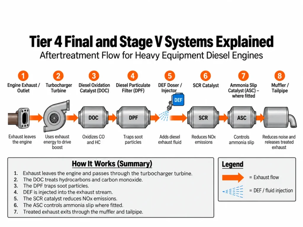 Tier 4 Final and Stage V Systems diagram showing exhaust flow through the turbocharger, DOC, DPF, DEF dosing injector, SCR catalyst, ASC, and tailpipe.